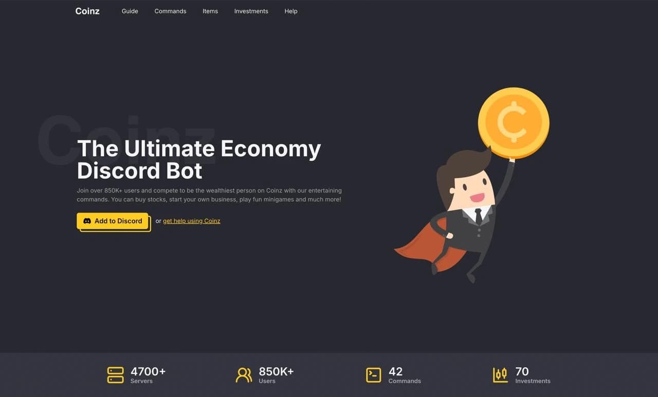 The Coinz website calling it the ultimate economy Discord bot, with 850K+ users on the counter