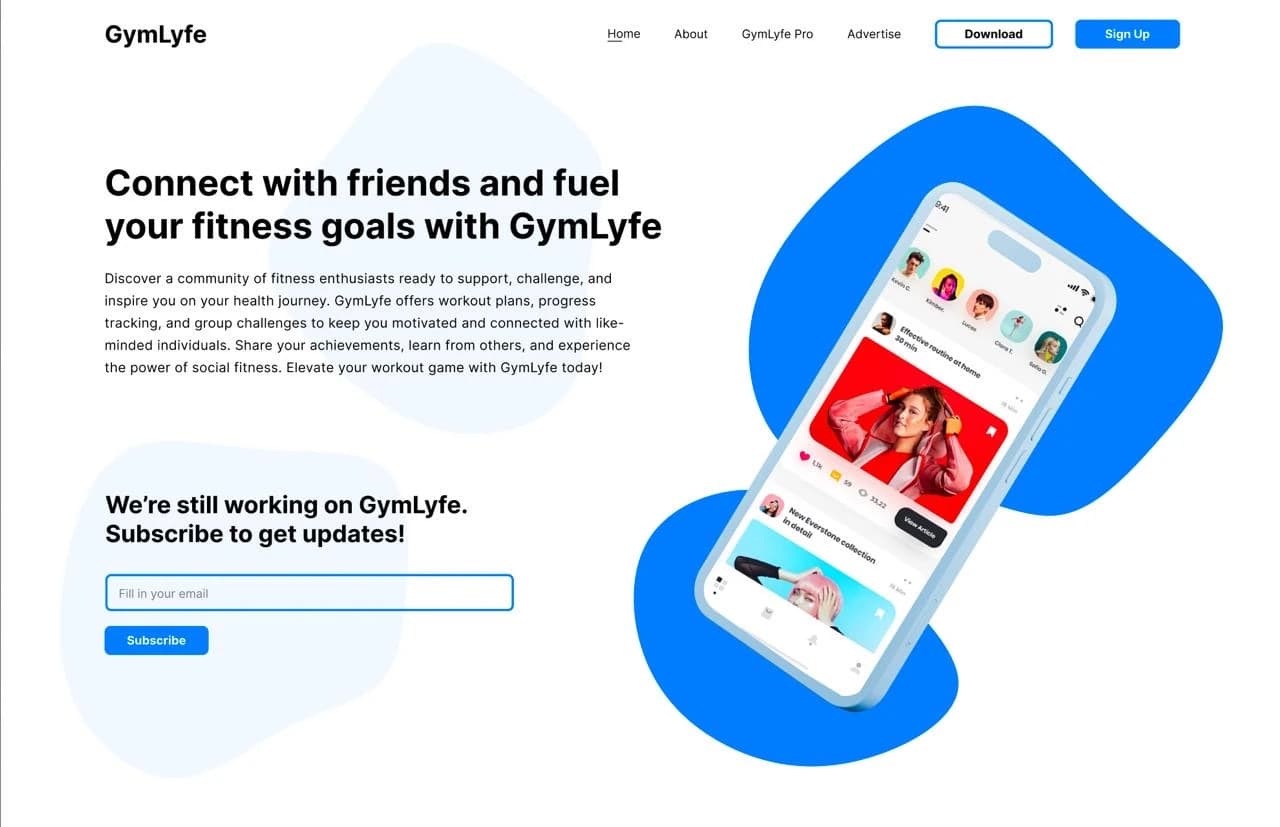 The GymLyfe landing page with the headline Connect with friends and fuel your fitness goals