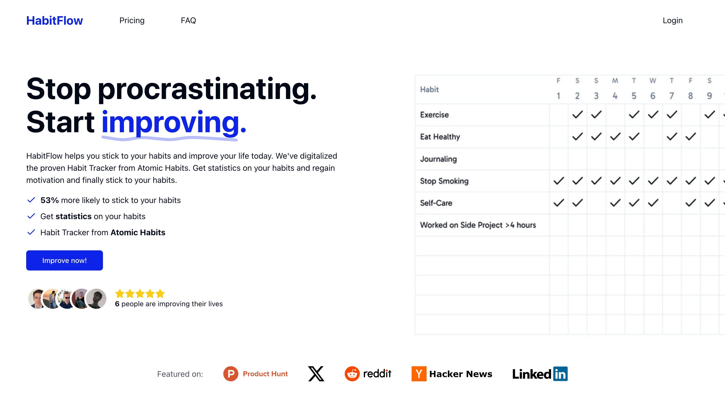 The HabitFlow landing page with the headline Stop procrastinating, start improving, next to the habit grid
