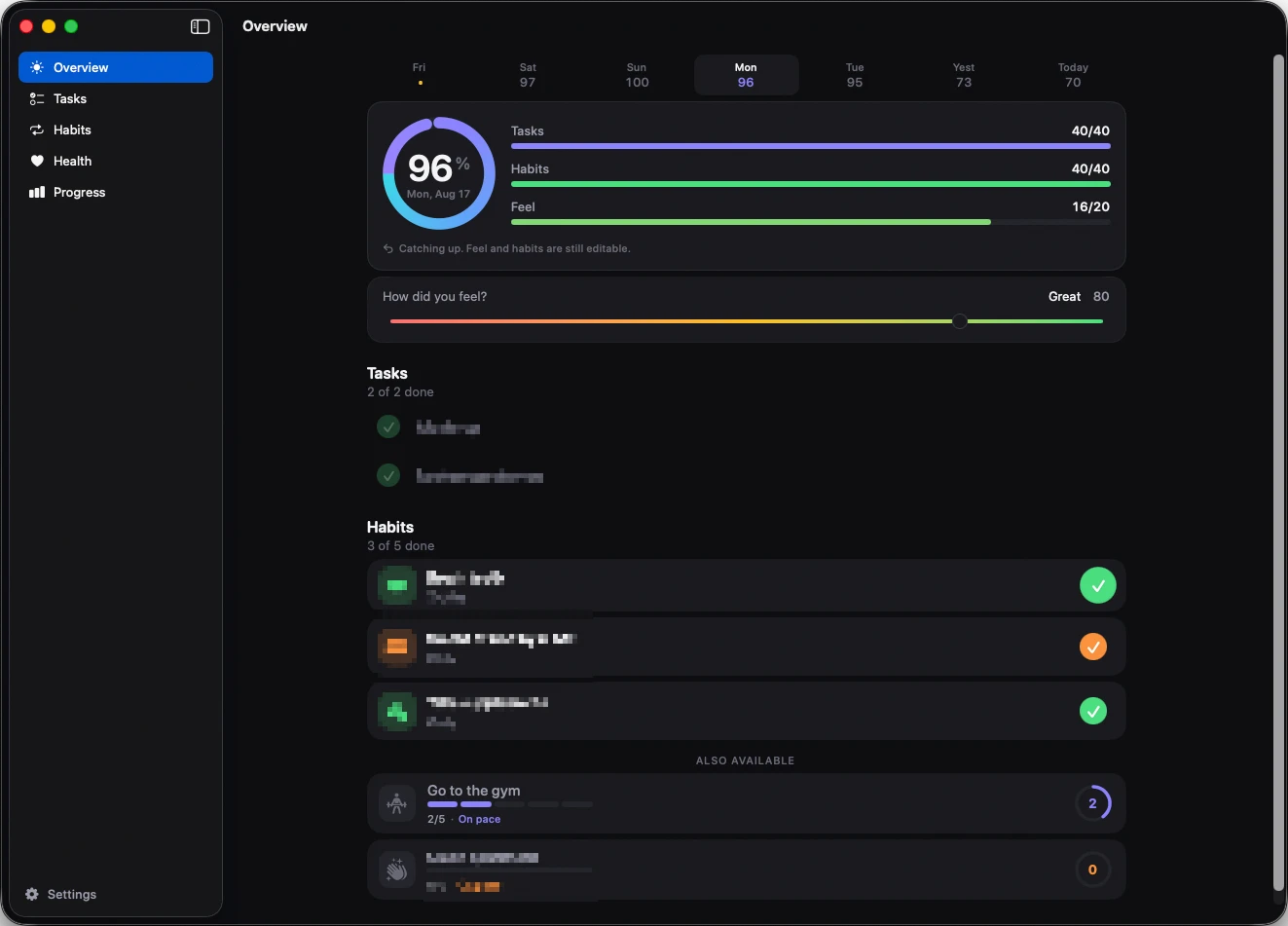 The Jarvis overview showing a 96 percent ring for Monday, with bars for tasks 40 of 40, habits 40 of 40 and feel 16 of 20, above that day's task and habit lists