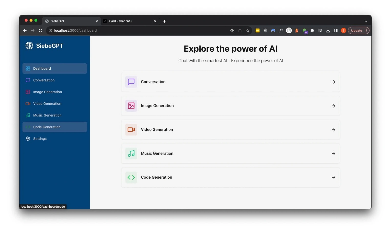The SiebeGPT dashboard offering conversation, image, video, music and code generation