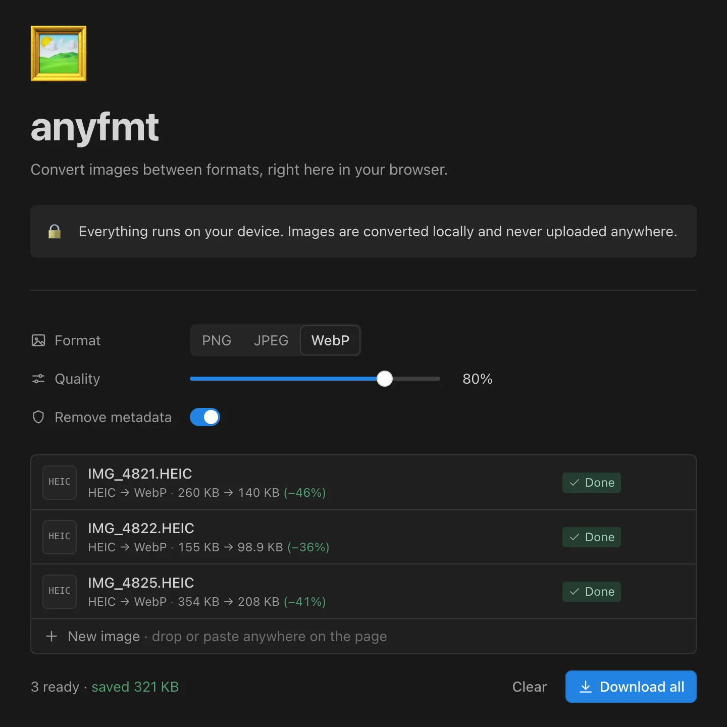 anyfmt converting three HEIC photos to WebP at 80 percent quality, each about 40 percent smaller