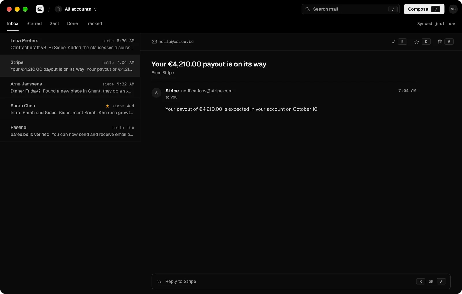 bMail's dark inbox with five conversations on the left and a Stripe payout email open on the right