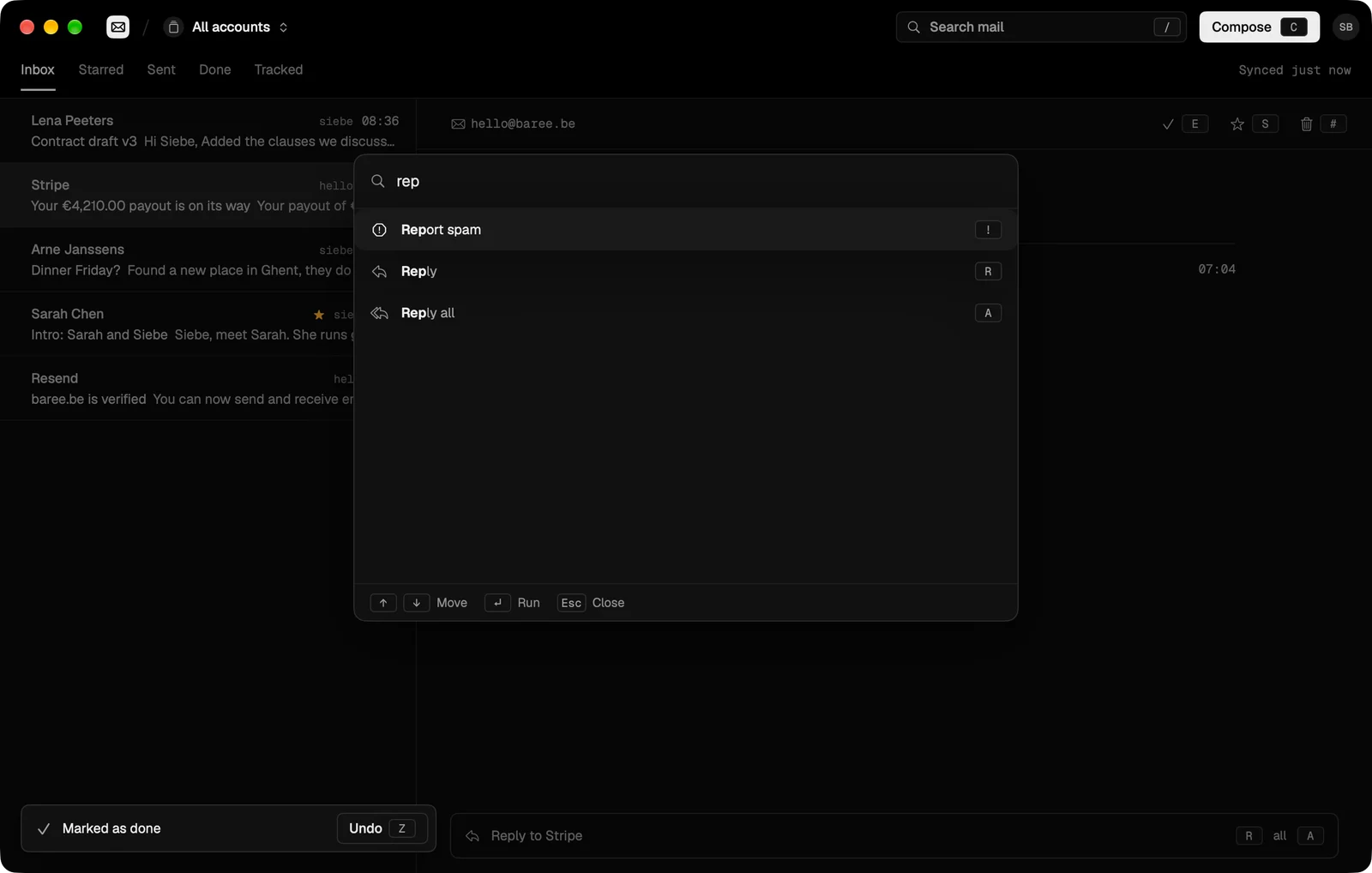 The bMail command palette with rep typed, showing Report spam, Reply and Reply all with their shortcuts