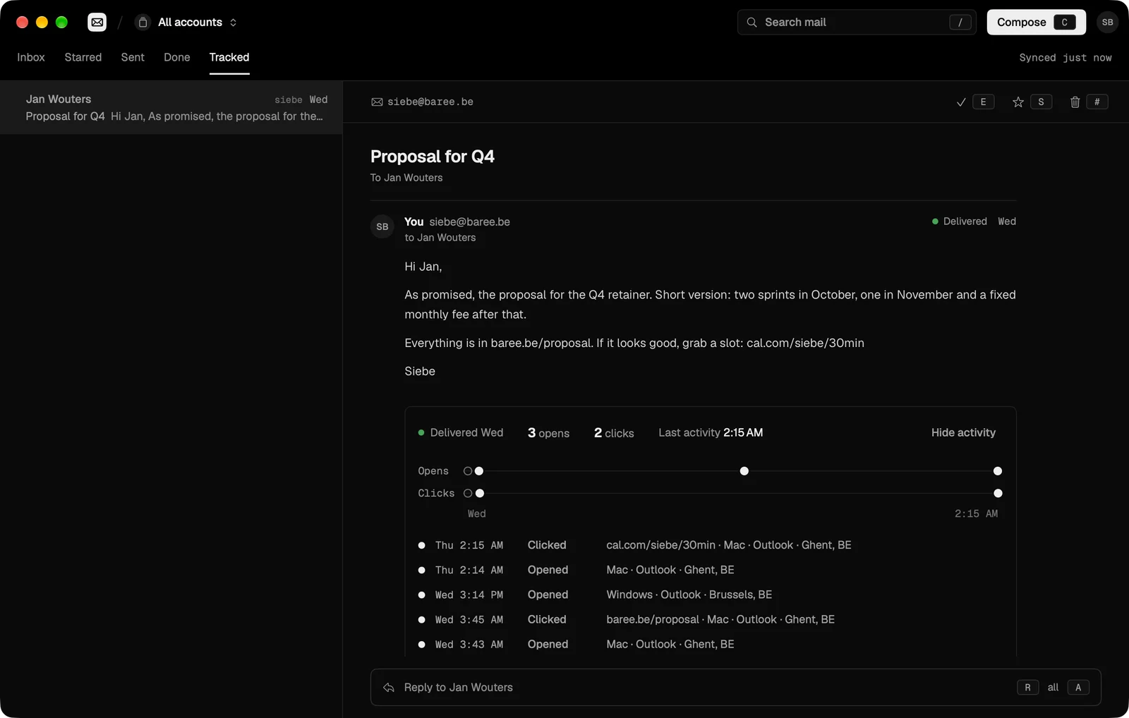 A sent proposal in bMail with its tracking panel showing three opens and two clicks on a timeline with device and city