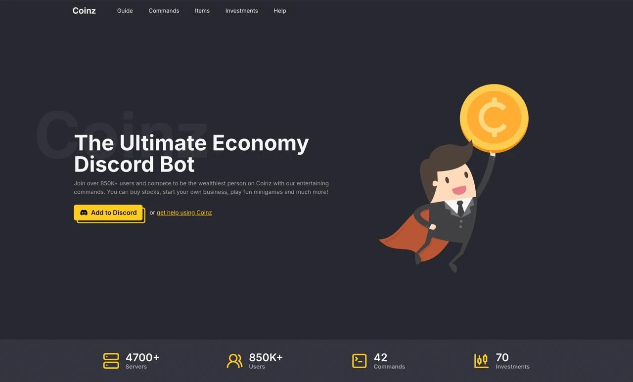The Coinz website, showing an earlier count of 850K users