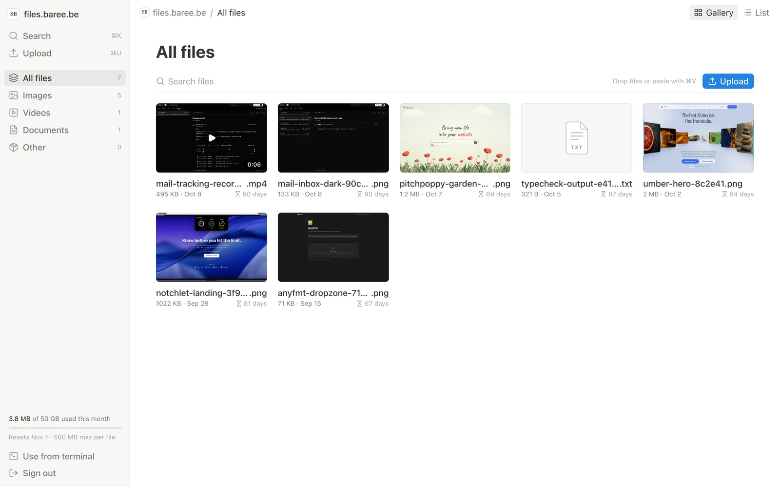 The files.baree.be drive in gallery view with screenshots, a screen recording and a text file, and a monthly usage meter in the sidebar