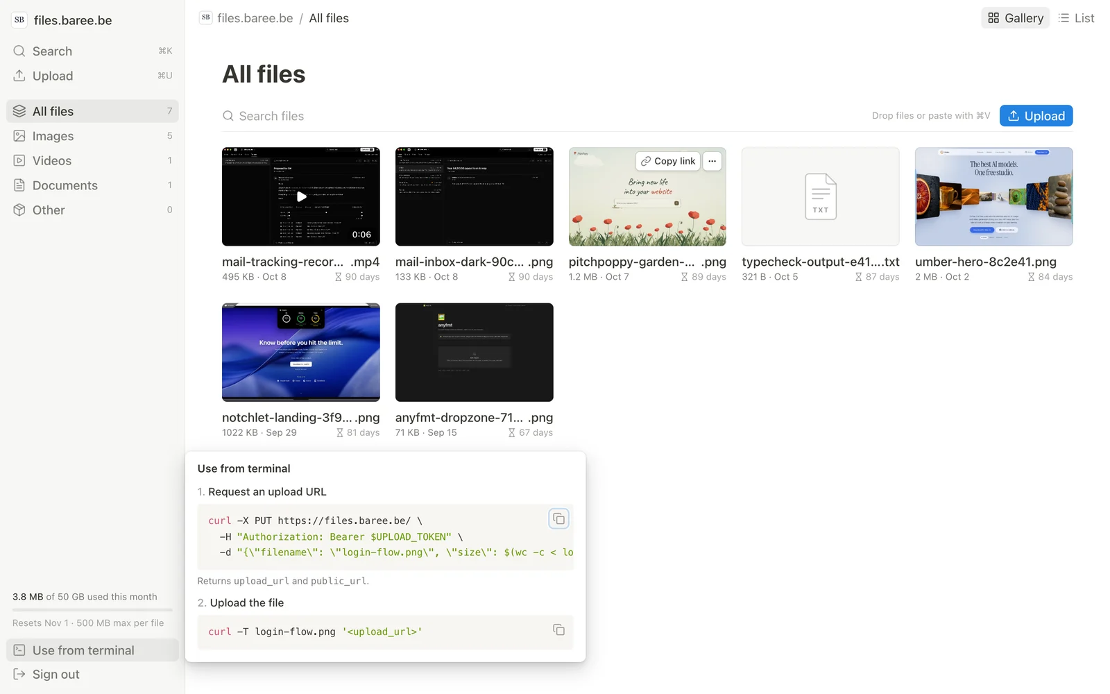 The files.baree.be drive with a popover showing the two curl commands for uploading from the terminal