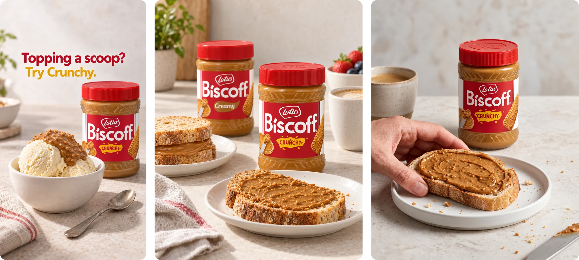 Three images Imprint generated for Lotus Biscoff spread: a story with ice cream and a jar of Crunchy, two jars next to toast and a hand holding a slice of toast with the spread