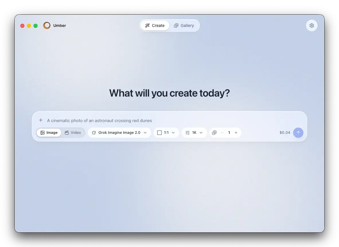 Umber's Create screen asking What will you create today, with a prompt box set to Grok Imagine Image 2.0 at a cost of $0.04