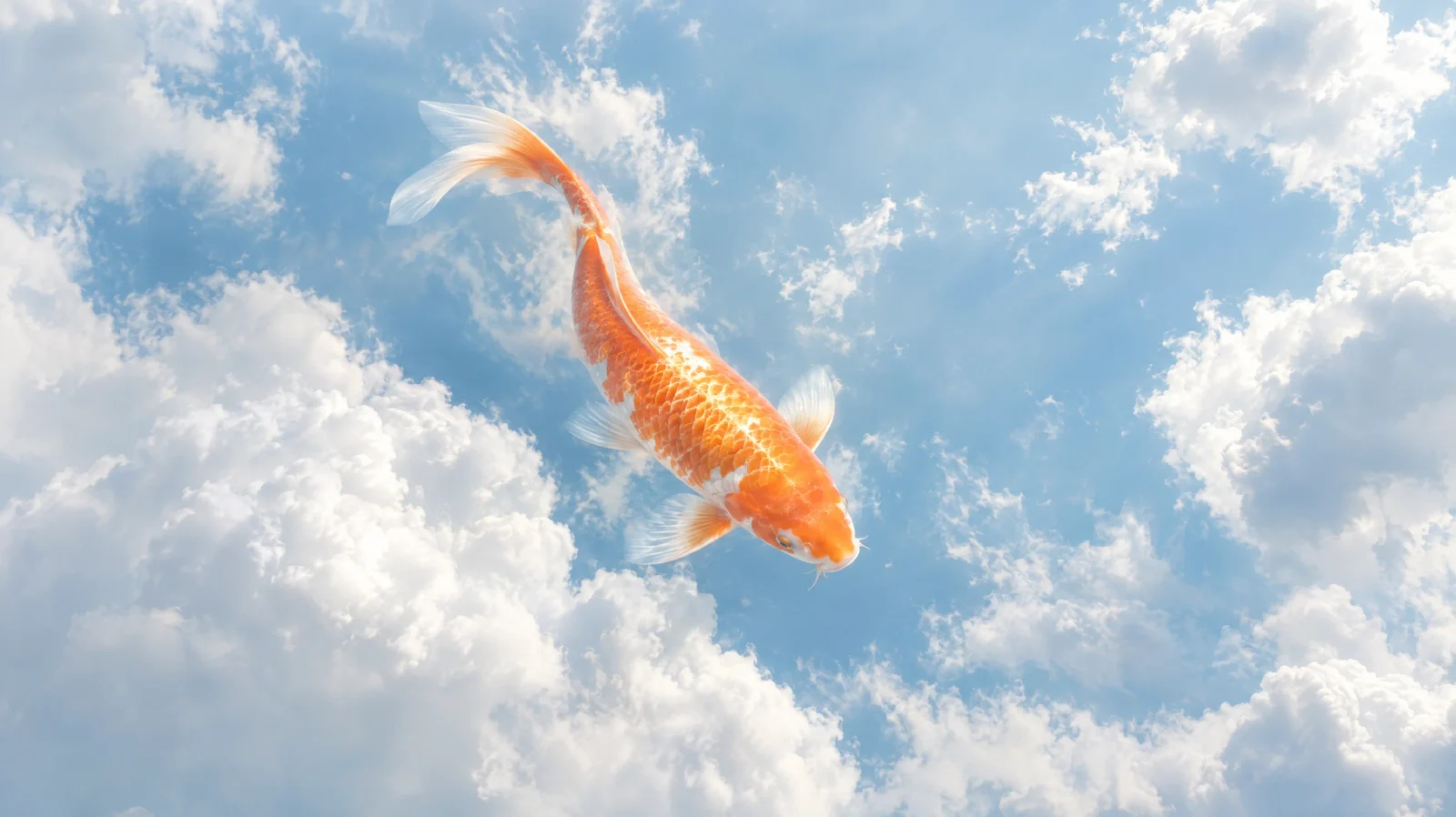 An orange koi swimming through a sky full of clouds, made with Umber